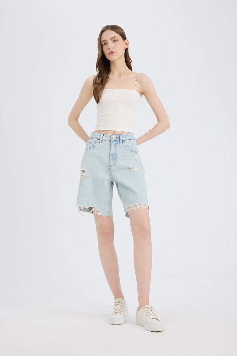 DeFacto Blue Woman Normal Waist Jean Bermuda Shorts Casual - Image 3